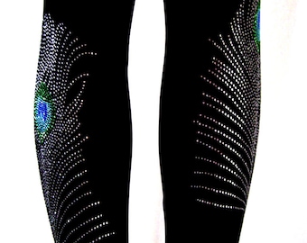 Plus Size Full Length Leggings Embellished Rhinestone Peacock Feather  Design