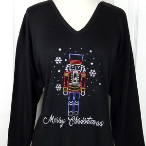 Embellished Rhinestone Merry Christmas Nutcracker Snowflakes 3/4 Sleeve Knit Top Available Sizes Small Up To Size 3X