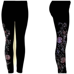 Regular Size Full Length Leggings Embellished Rhinestone Trailing Pink & Crystal Roses and Vines Design