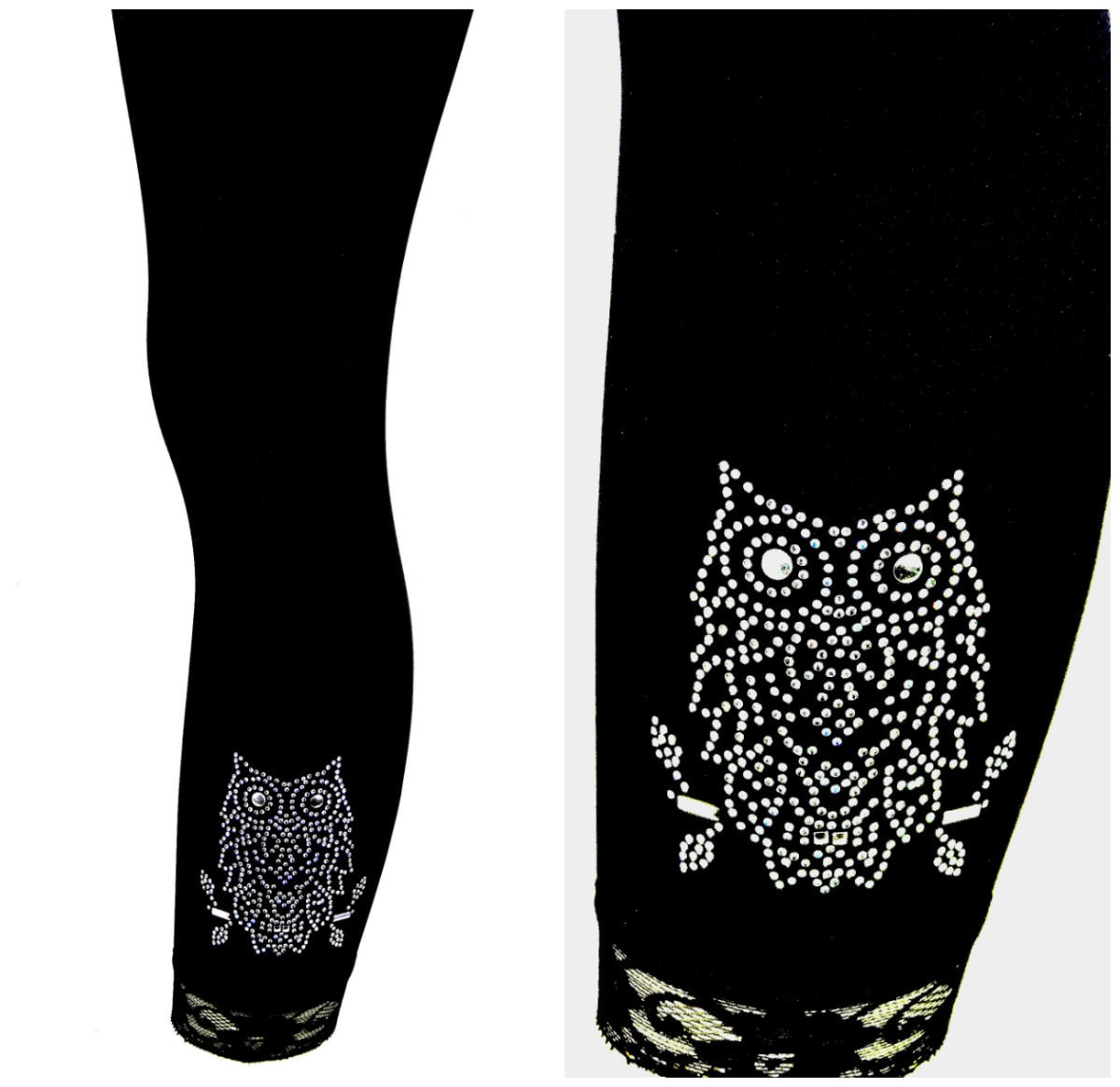 Plus Size Capri Length Leggings Embellished Rhinestone Iridescent & Crystal Owls Design