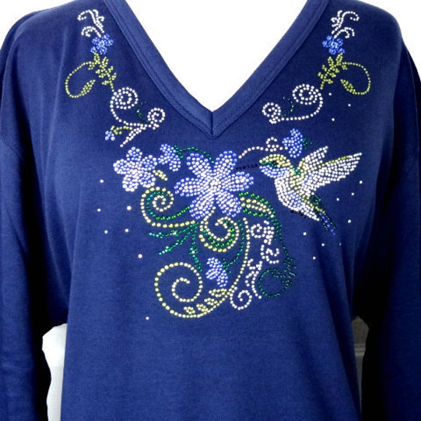 Hand Embellished Rhinestone and Shiny Stud Blue Hummingbird Floral Short or 3/4 Sleeve Knit Top Available Sizes Small Up To Size 3X