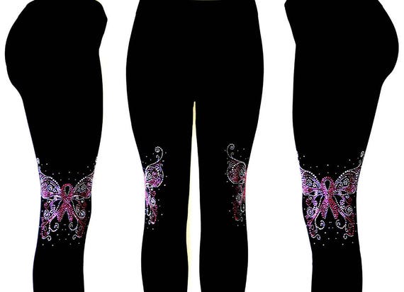 PLUS SIZE CAPRI LENGTH LEGGINGS EMBELLISHED RHINESTONE CRYSTAL BUTTERFLY FLORAL