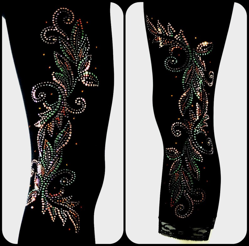 Regular Size Capri Length Leggings Rhinestone & Stud Embellished Fall Colored Leaves Design image 1