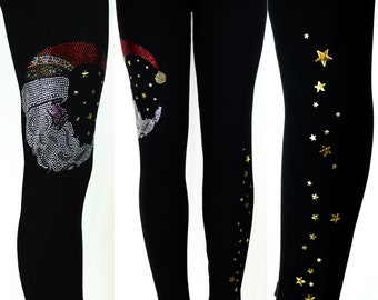 Regular Size Full Length Leggings Embellished All Rhinestone Santa Moon & Gold Stars Design