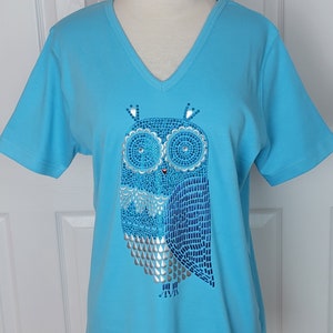 Hand Embellished Top Large Blue Owl With Very Unique Stud Details Short or 3/4 Sleeve Available Sizes Small Up To Size 3X