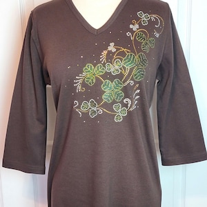 Embellished Rhinestone Stunning Glamorous St. Patrick's Day Clover Swirl Design 3/4 Sleeve Knit Top Available Sizes Small Up To Size 3X