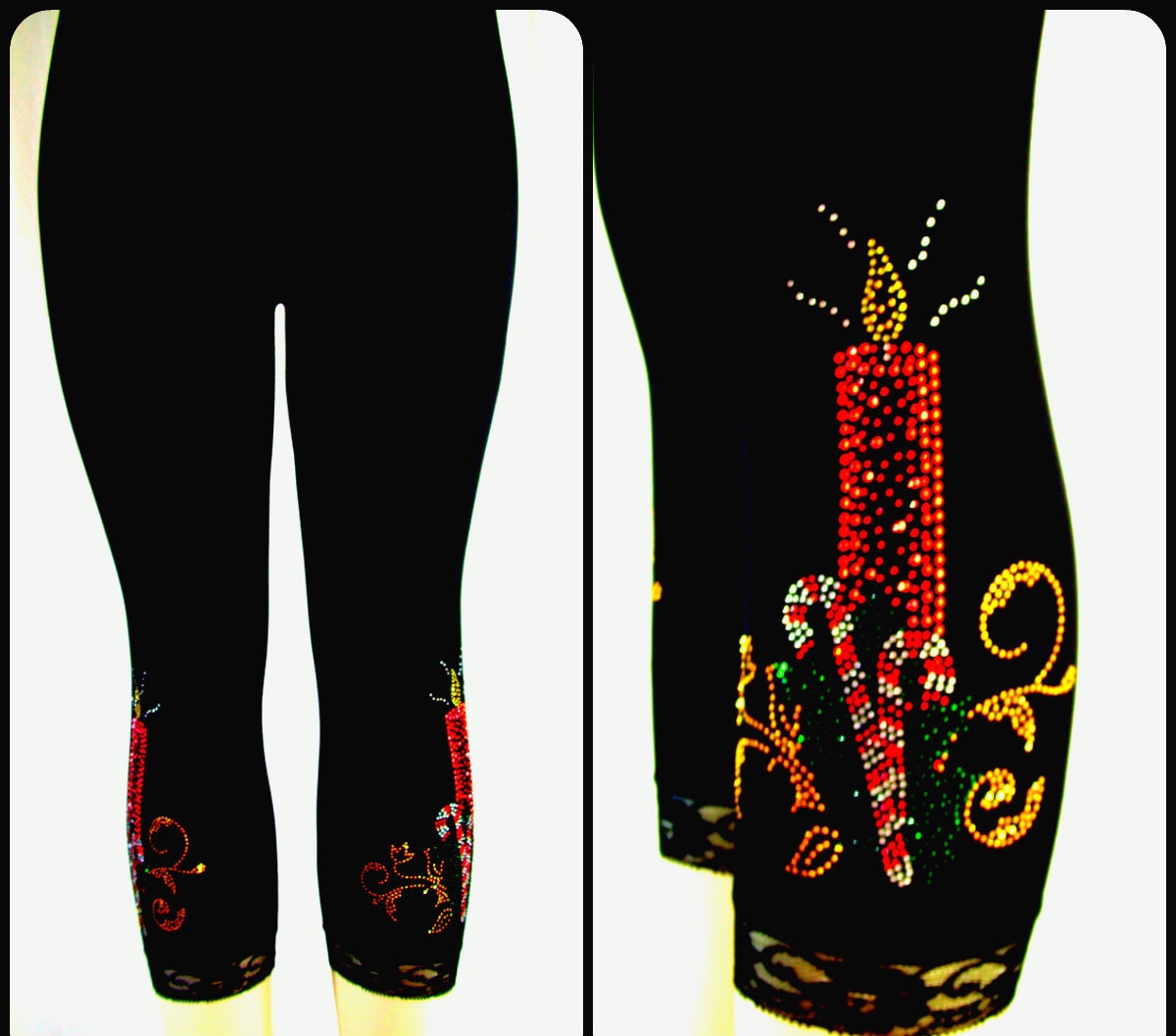 Regular Size Capri Length Leggings Embellished Rhinestone Holiday Red Candle, Candy Cane, Gold Swirl Design