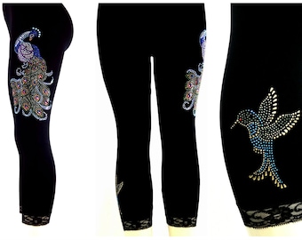 Regular Size Capri Length Leggings Embellished Rhinestone Peacock With Hummingbird Design