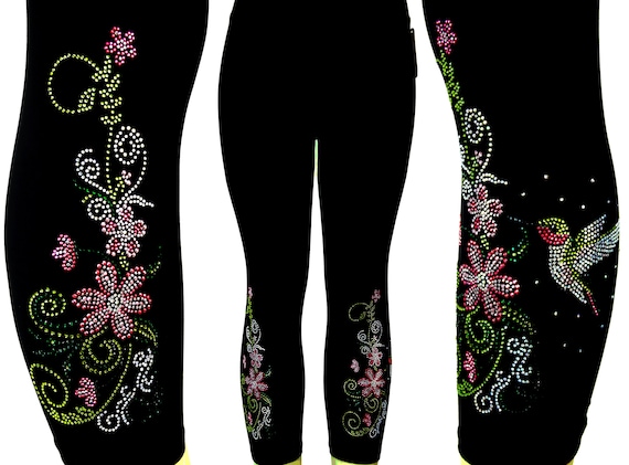 Plus Size Black Capri Length Leggings Embellished Rhinestone Shiny Stud Pink Purple or Blue Hummingbird Floral Design Etsy UK