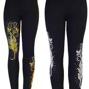 Plus Taille Pleine Longueur Leggings de Yoga Embelli Tout Strass Or ou Iridescent Feuille Tourbillons Design