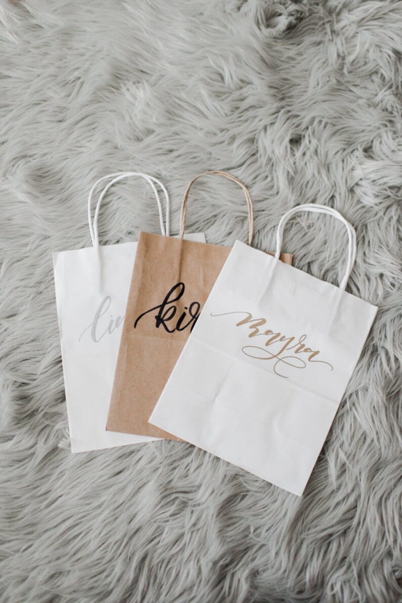 Medium Gift Bag Custom Gift Bags Calligraphy Gift Bag Bridesmaid Gift Bag Handlettered Gift Bag Grey Gift Bag Wedding Party Gift