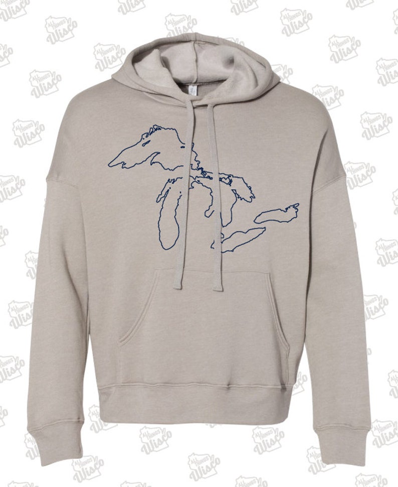 May include: A light gray hooded sweatshirt with a navy blue outline of the Great Lakes on the front.
