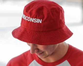 Wisconsin Bucket Hat (Unisex) Wisconsin Badgers Bucket Hat, Wisconsin Badgers Hat, Embroidered Bucket Hat, Red and White