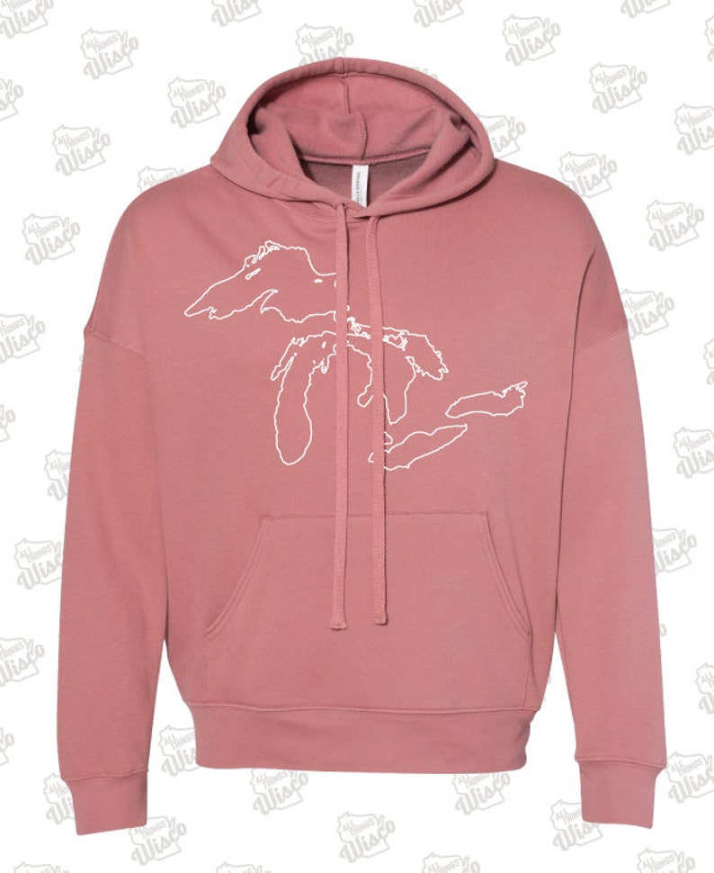 May include: A dusty rose colored hooded sweatshirt with a white outline of the Great Lakes on the front.