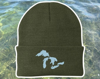 Great Lakes Embroidered Beanie with cuff, Great Lakes Winter Hat, Lake Superior, Lake Michigan, Comfy Hat with Embroidery, Lake Life