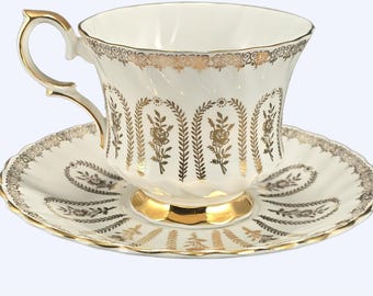 Vintage Queen Anne Teacup & Saucer – Gold Floral – England.  Free Shipping Within USA.