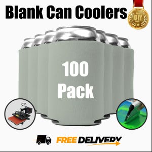 May include: A bulk pack of 100 blank grey can coolers. The can coolers are made of foam and are ready to be customised with your own designs. The image also shows a heat press and a squeegee, which can be used to apply designs to the can coolers.