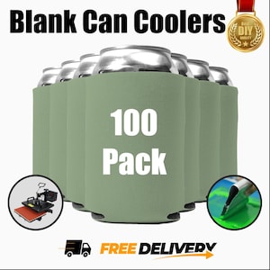 May include: A bulk pack of 100 blank green can coolers. The can coolers are made of neoprene and have a smooth, textured surface. The text "100 Pack" is printed in white on the front of the can coolers.