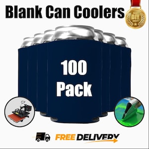 May include: A pack of 100 blank navy blue can coolers. The can coolers are made of neoprene and are perfect for sublimation printing. The image also shows a heat press and a squeegee.