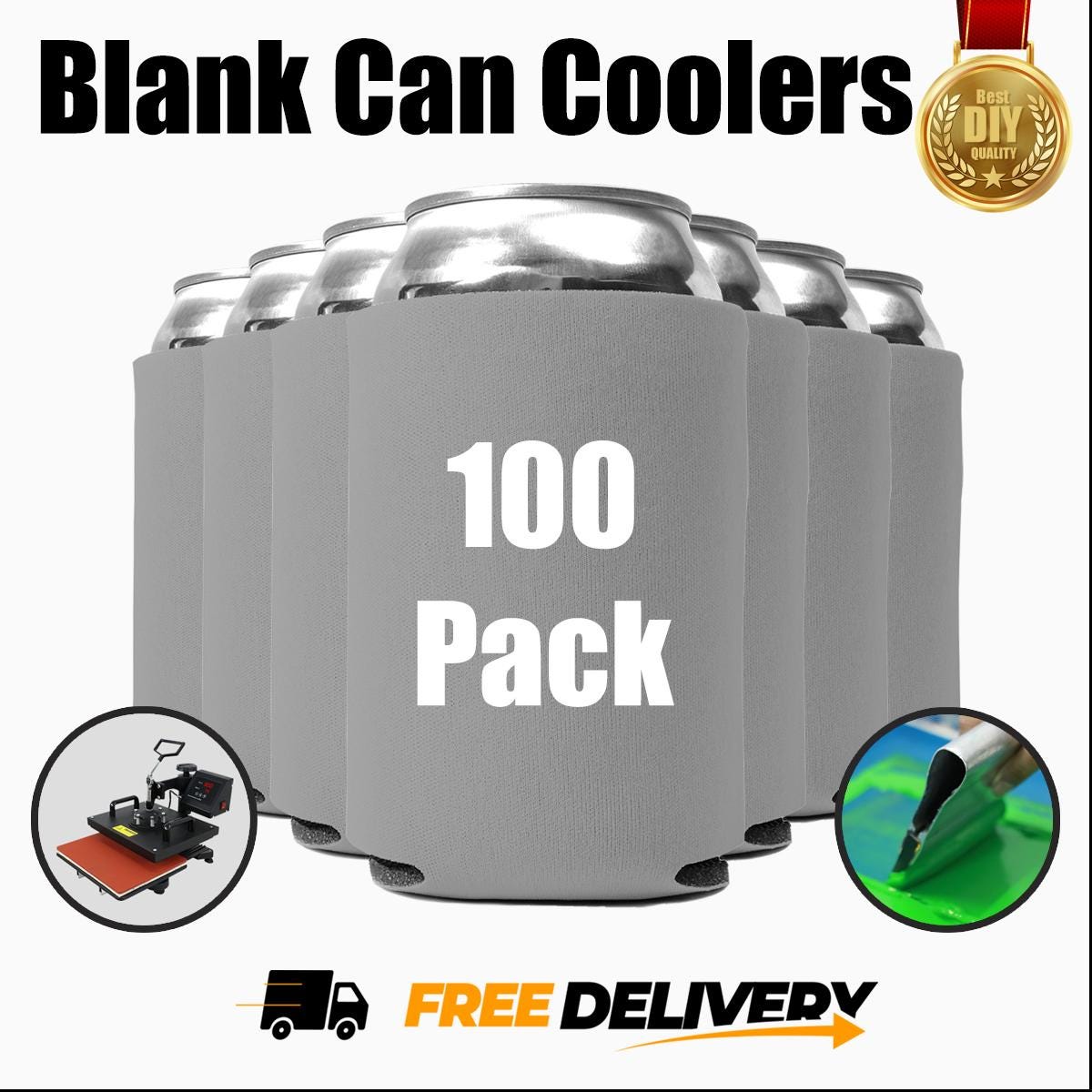 100 Pack - Grey Can Cooler for Screen Printing DTF HTV Vinyl Embroidery Heat Press Transfer Collapsible Bulk Beer Huggers Holders DIY