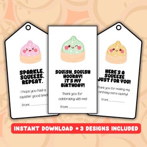 Bedankkaartjes kinderfeestje voor virale squishy dumplings | Afdrukbaar traktatielabel voor verjaardagsfeestje | Blindbox-goodiebags | Cadeaukaartjes stressbal