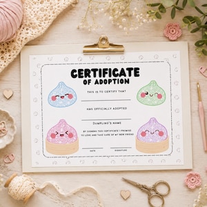 Adoptiecertificaat virale squishy knoedel | Stressbal | Sjabloon blindbox afdrukbare pdf | Haakpatroon Fidget-sleutelhanger knoedel