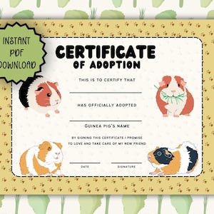 Puede incluir: Un certificado de adopción de cobaya con un fondo amarillo claro y un borde decorativo. El certificado presenta ilustraciones de cobayas y el texto "Certificado de Adopción" y "Descarga instantánea en PDF".