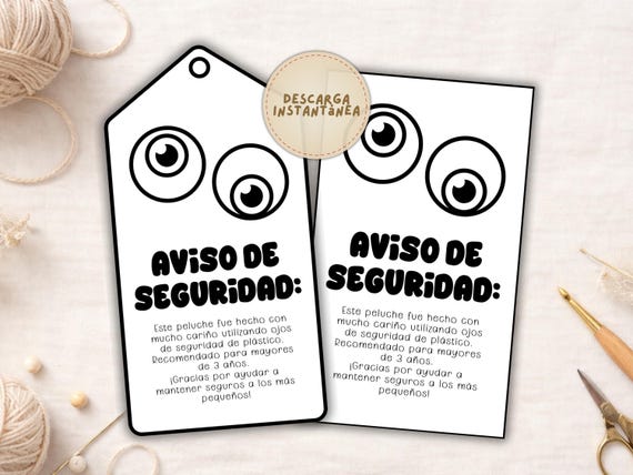 Tarjeta de advertencia para ojos de seguridad de amigurumi etiquetas imprimibles para crochet, etiqueta colgante para juguetes hechos a mano