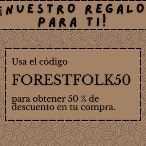 May include: A brown promotional graphic with the text "&iexcl;NUESTRO REGALO PARA TI!" and a coupon code "FORESTFOLK50" for 50% off. The background has a repeating pattern of curved lines.