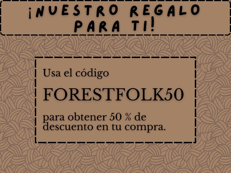 May include: A brown promotional graphic with the text "&iexcl;NUESTRO REGALO PARA TI!" and a coupon code "FORESTFOLK50" for 50% off. The background has a repeating pattern of curved lines.
