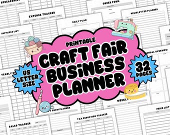 May include: A printable Craft Fair Business Planner in US Letter size, featuring 32 pages. The design includes cute illustrations of sewing machines, yarn, and measuring tape. The planner includes forms for expense tracking, sales, and more.
