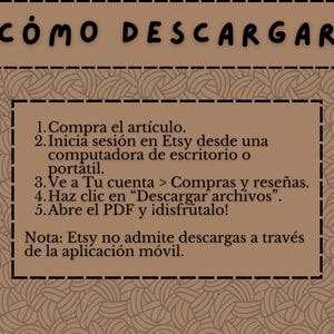 May include: A brown graphic with the text "C&Oacute;MO DESCARGAR" at the top. Below, numbered steps explain how to download a file from Etsy. The background has a repeating pattern of swirling lines. The text is in Spanish.