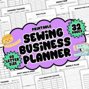 Puede incluir: Un planificador de negocios de costura imprimible con 32 páginas, tamaño carta estadounidense. El diseño incluye una pancarta en forma de nube púrpura con el texto "Sewing Business Planner" e ilustraciones de una cinta métrica y una máquina de coser.