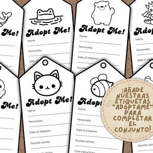 May include: A collection of white, tag-shaped cards with black outlines and text. Each tag features a different cartoon animal illustration, including a whale, frog, bear, and dragon. The text "Adopt Me!" is prominently displayed on each tag.