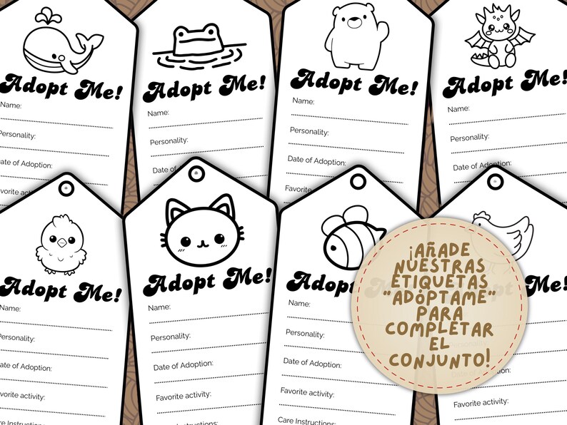 May include: A collection of white, tag-shaped cards with black outlines and text. Each tag features a different cartoon animal illustration, including a whale, frog, bear, and dragon. The text "Adopt Me!" is prominently displayed on each tag.