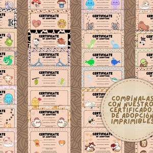 May include: A collection of printable adoption certificates with various cute animal illustrations, including a snail, panda, and bear. Each certificate has a decorative border and the words "Certificate of Adoption". A circular graphic says "Combine with our printable adoption certificates".