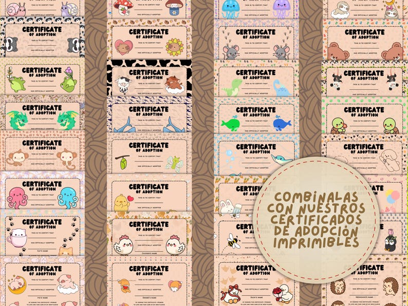 May include: A collection of printable adoption certificates with various cute animal illustrations, including a snail, panda, and bear. Each certificate has a decorative border and the words "Certificate of Adoption". A circular graphic says "Combine with our printable adoption certificates".