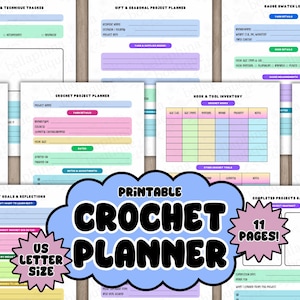 May include: Printable crochet planner with 11 pages, US letter size. The planner includes sections for stitch tracking, project planning, and yarn inventory. The design features pastel colors and a cloud-shaped title.