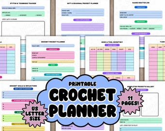 May include: Printable crochet planner with 11 pages, US letter size. The planner includes sections for stitch tracking, project planning, and yarn inventory. The design features pastel colors and a cloud-shaped title.