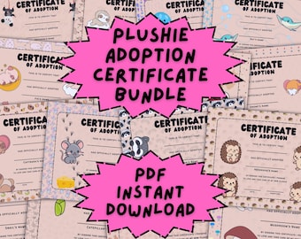 Stuffed Animal Adoption Certificates Printable Bundle | Amigurumi Plushie Adoption Papers | Crochet Toy Gift Extras