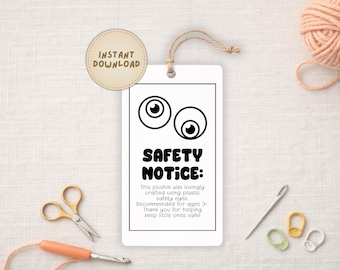 Amigurumi Safety Eye Warning Card Printable Crochet Tags for Craft Fair Display Handmade Toy Hang Tag Labels | Crochet Care Instructions PDF