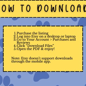 May include: A graphic with the text "HOW TO DOWNLOAD" in black on a yellow banner. Below, a yellow rectangle contains numbered instructions for downloading files from Etsy, including the note that downloads are not supported on the mobile app.