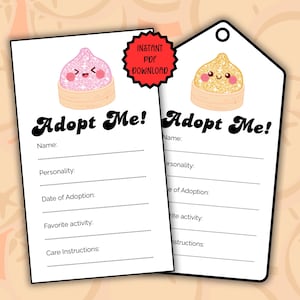 Puede incluir: Dos etiquetas rectangulares blancas de certificado de adopción con un personaje de bola de masa rosa o dorada brillante en una vaporera de bambú. El texto dice Adopt Me! seguido de líneas para Name, Personality, Date of Adoption, Favorite activity y Care Instructions.