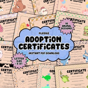 Printable Amigurumi Adoption Certificates: 16 Animals, 8.5x11 & 5x7 (PDF Download)