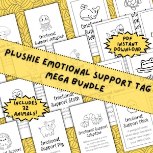 May include: A collection of white cards with black line drawings of animals, labeled "Emotional Support" with text. The cards are part of a "Plushie Emotional Support Mega Bundle" with "PDF Instant Download" and "Includes 32 Animals!"