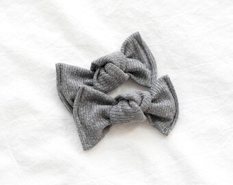 Grey ribbed knit knot pigtail bows, Grey pigtail bows, Gray pigtail bows, Ribbed knit pigtail bows, Pigtail clips, Mini pigtail bows