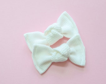 White waffle ribbed knit pigtail knot bows, White pigtail bows, White pigtail clips, Neutral pigtail bows, Neutral pigtail clips, Mini bows