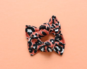Leopard pigtail knot bows, Cheetah pigtail bows, Coral pigtail clips, Coral pigtail bows, Pigtail bow clips, Toddler pigtail clips