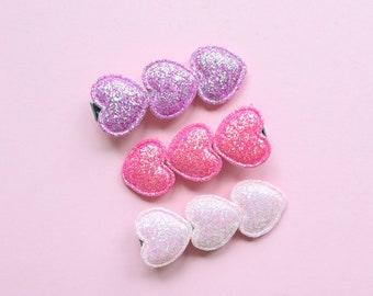 Set of 3 glitter heart hair clips, Heart hair clips, Glitter toddler hair clips, Pink heart clips, Purple heart clips, Toddler heart clips