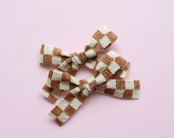 Checkered pigtail bows, Checkered pigtail clips, Brown checkered pigtail bows, Check pigtail bows, Retro pigtail bows, Cream check bows